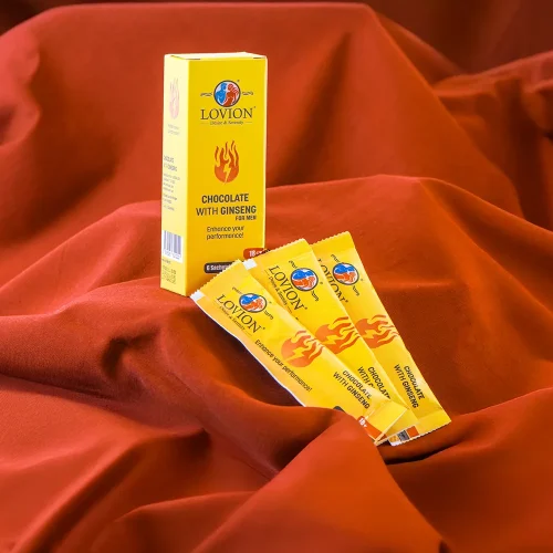 Lovion aphrodisiac chocolate with ginseng for men in its packaging